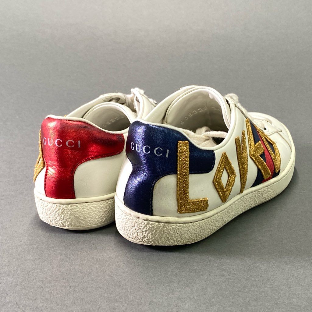 8e18 GUCCI グッチ エンブロイダリー LOVED スニーカー 34 1/2 ホワイト レザー シューズ イタリア製
