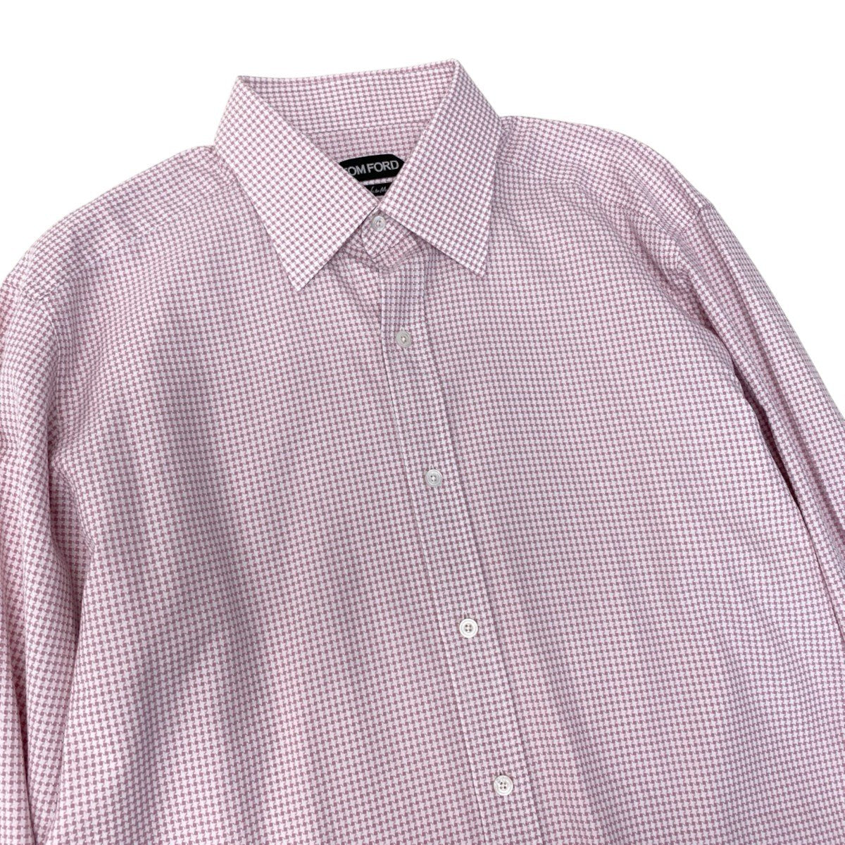 92h3 TOM FORD トムフォード 長袖シャツ コットンシャツ メンズシャツ 千鳥格子柄 ドレスシャツ イタリア製 185/104A ピンク ホワイト コットン100％ メンズ 男性用o07t