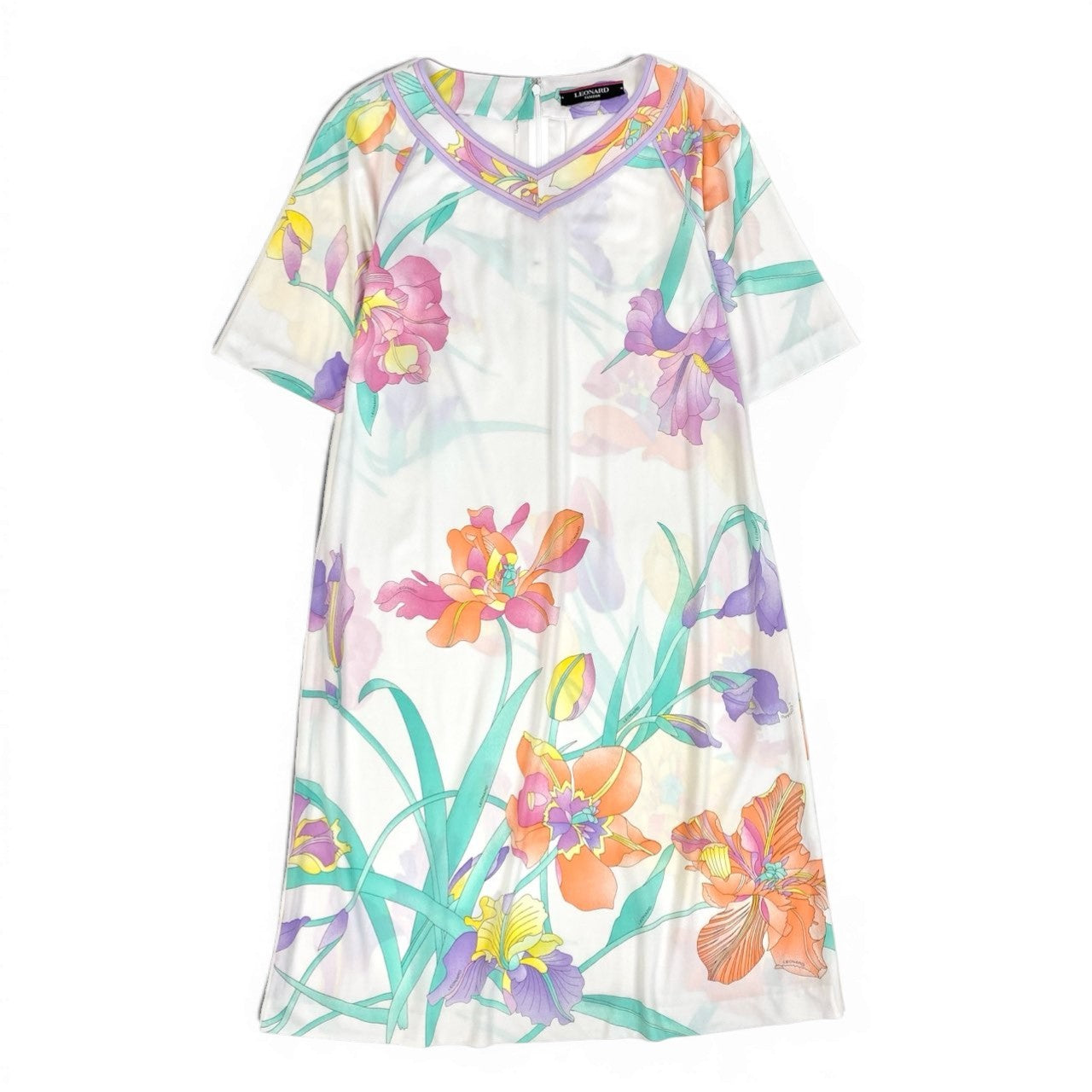 30b11 LEONARD レオナール 半袖Vネック花柄ワンピース カンカン素材 ストレッチ 0390322 40サイズ ホワイト レディース 女性用u02t