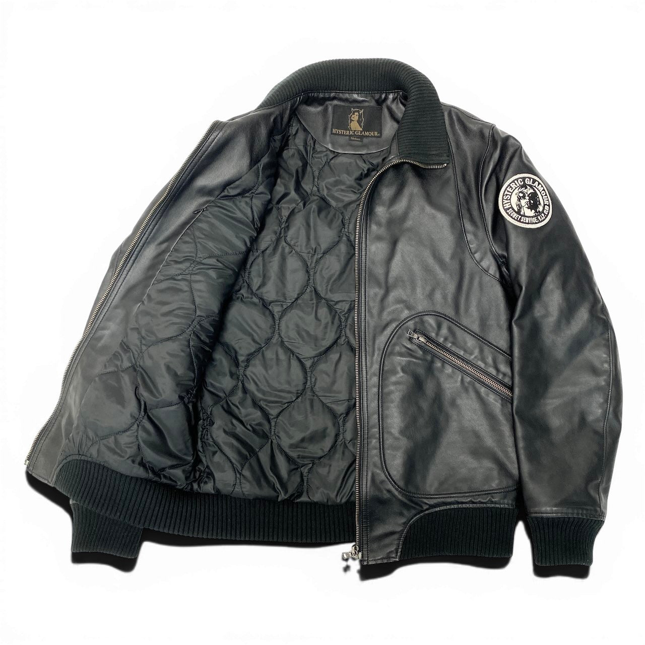 39e11 HYSTERIC GLAMOUR ヒステリックグラマー プリマロフトニューレイドツイル ジップアップ リブブルゾン 中綿 レザージャケット 0224AB04 サイズM ブラック メンズ 紳士服o07t