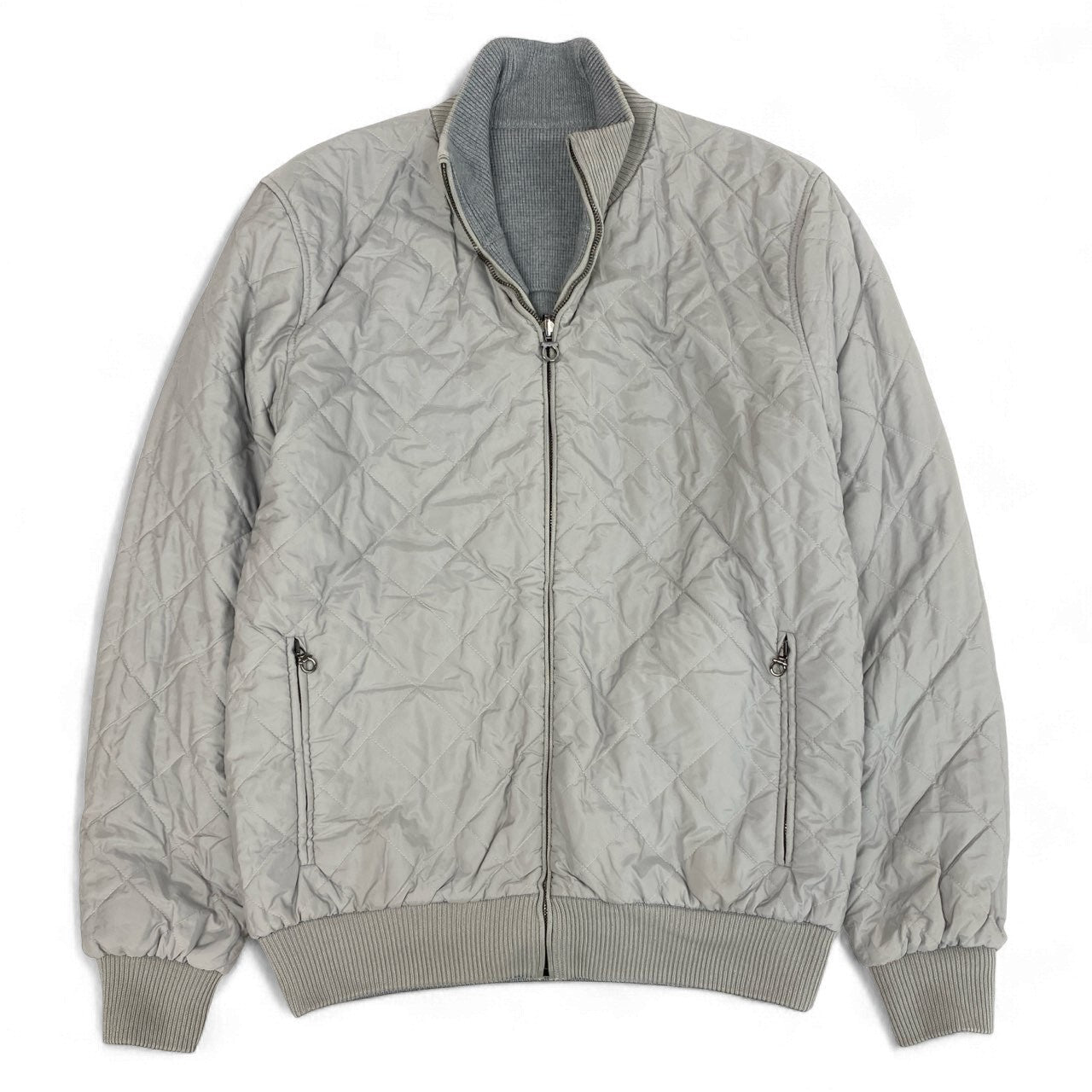 76k21 Salvatore Feraggamo サルヴァトーレフェラガモ リバーシブル ニットジャケット 中綿ブルゾン 2way イタリア製 ガンチーニジップ メンズ 紳士服 L グレーu02t