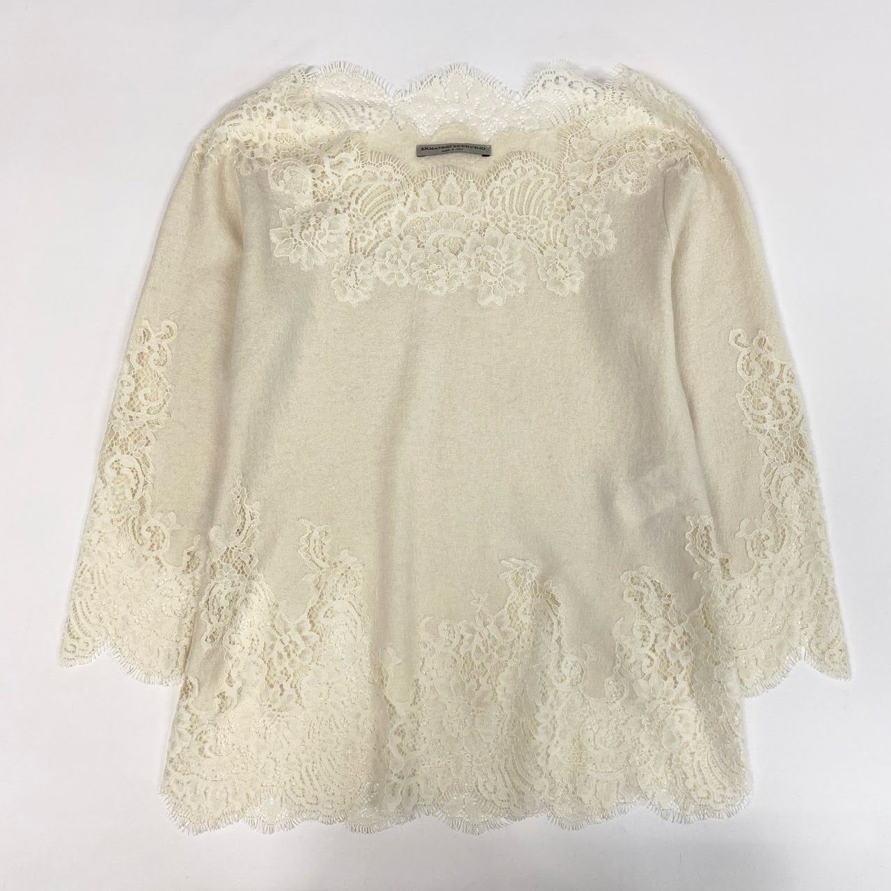 85k4 Ermanno Scervino エルマンノ シェルヴィーノ 大きいサイズ イタリア製 カシミヤ混 レースデザイン 長袖 ニットセーター トップス プルオーバー 44 XLサイズ相当 ホワイト ウール シルク カシミア レディースo07t