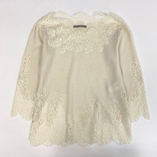 85k4 Ermanno Scervino エルマンノ シェルヴィーノ 大きいサイズ イタリア製 カシミヤ混 レースデザイン 長袖 ニットセーター トップス プルオーバー 44 XLサイズ相当 ホワイト ウール シルク カシミア レディースo07t