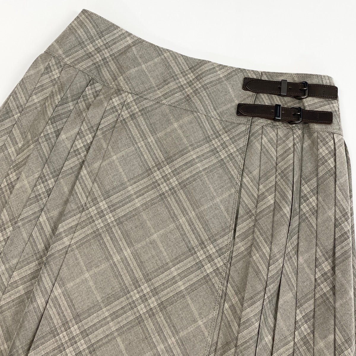 Ee25 【タグ付き】 BURBERRY  LONDON バーバリーロンドン チェック プリーツスカート ラップスカート レザーベルト サイズ46 グレージュ系 ウール100％ レディース女性服o07t