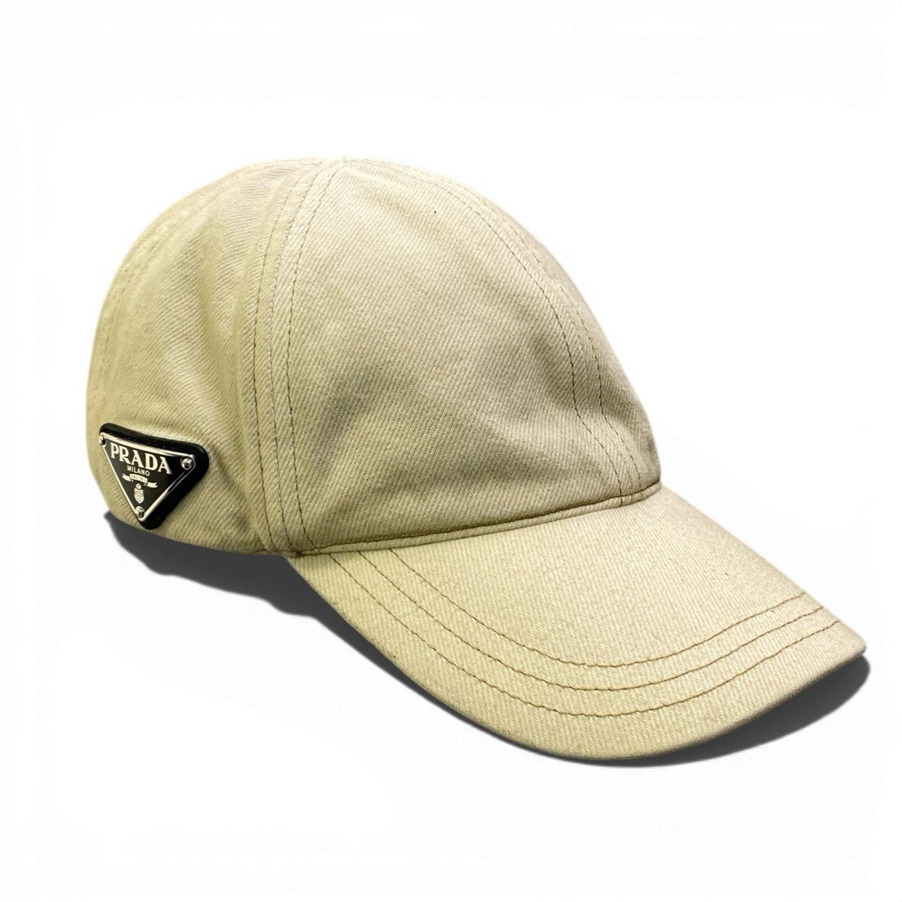 c4 【未使用】PRADA プラダ 2HC274 サイズL 三角ロゴプレート デニムキャップ 帽子 ベージュ ユニセックス ヘッドギア
