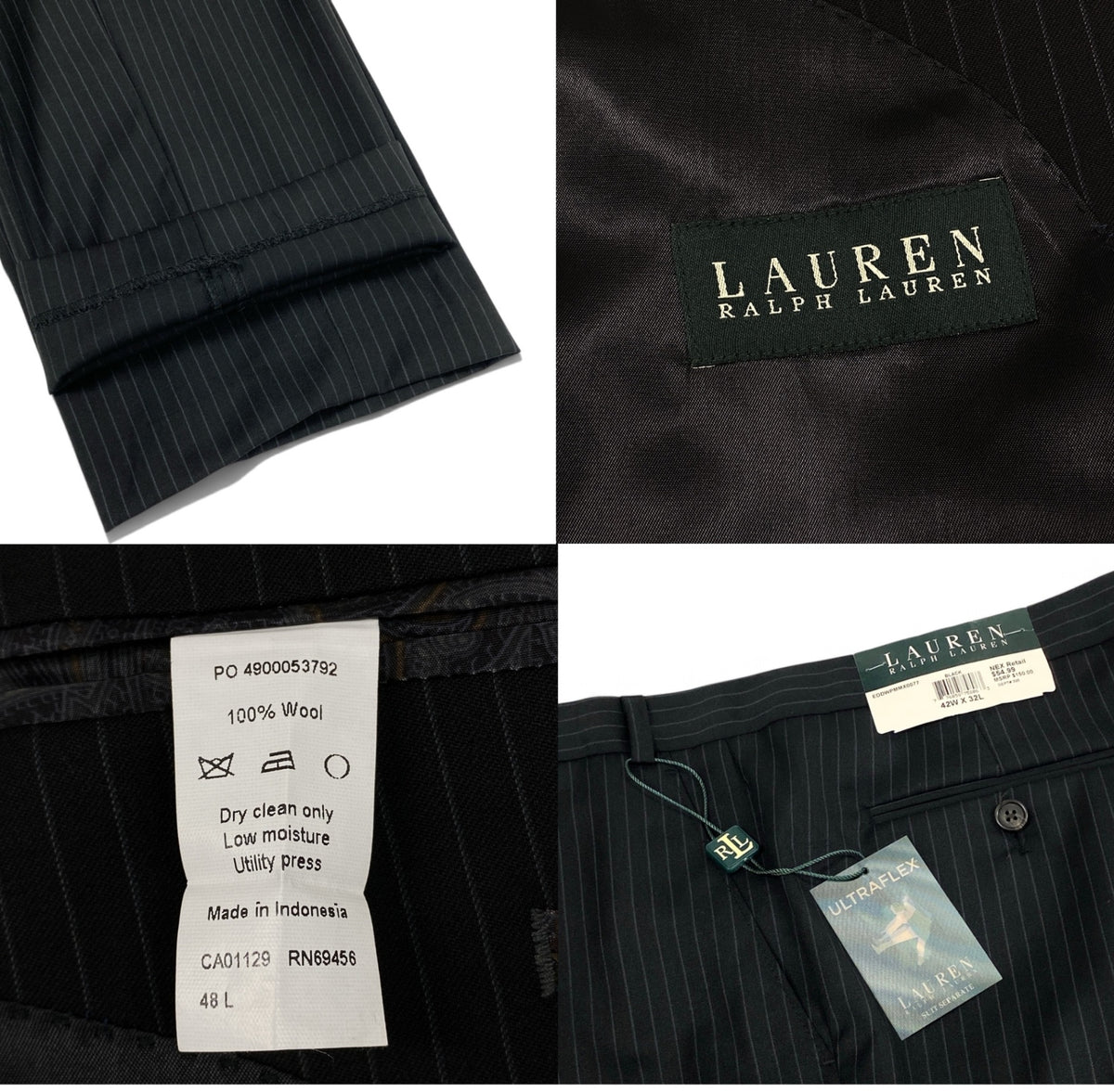 11i30 【美品】LAUREN RALPH LAUREN ローレンラルフローレン 大きいサイズ スーツセットアップ テーラードジャケット スラックス ストライプ 48Lサイズ グレー ウール100％ メンズ 男性用u02t