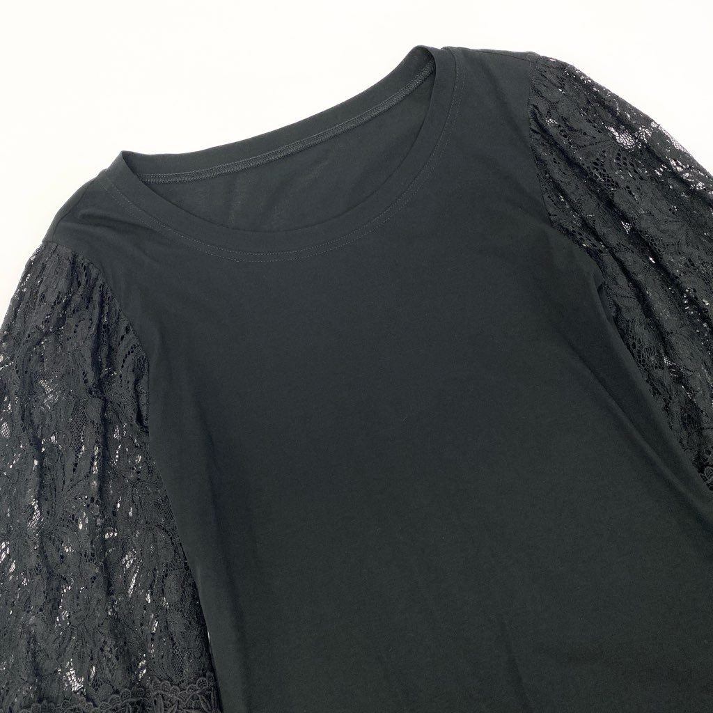 46a30 《美品》 TOKUKO 1er VOL トクコプルミエヴォル ロングスリーブカットソー レース切替 トップス 伸縮ストレッチ レディース 女性用 9 ブラックu02t