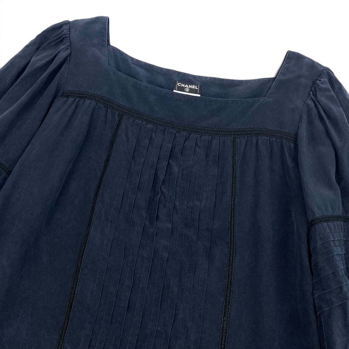 i21 CHANEL 2007年 シルクブラウス スクエアネック パフスリーブ 42サイズ ネイビー シルク100％ レディース 女性用u02t