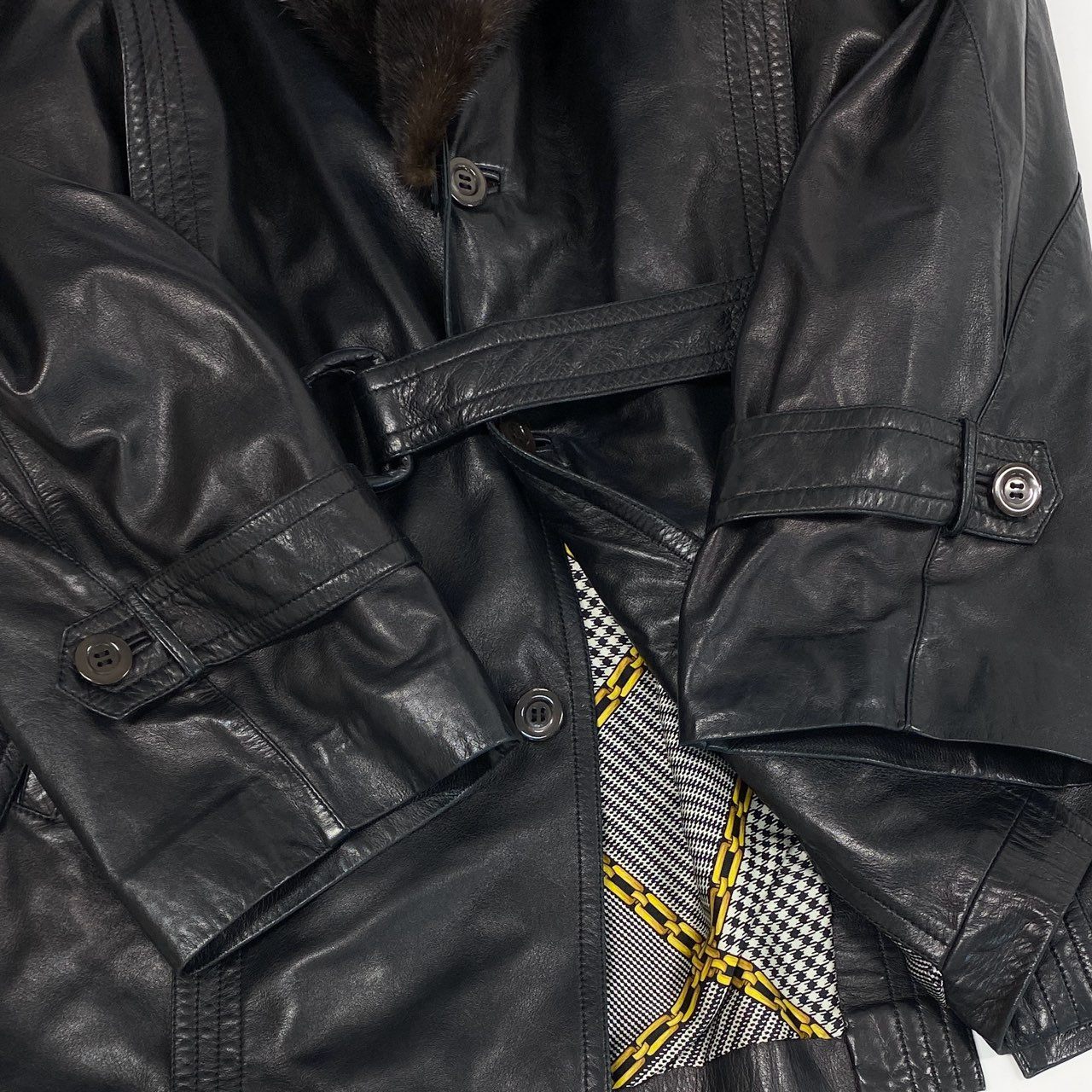 16k10 ZILLI ジリ― ミンクファー付き レザーコート 48 ブラック フランス製 MINK FUR LEATHER COATt18r