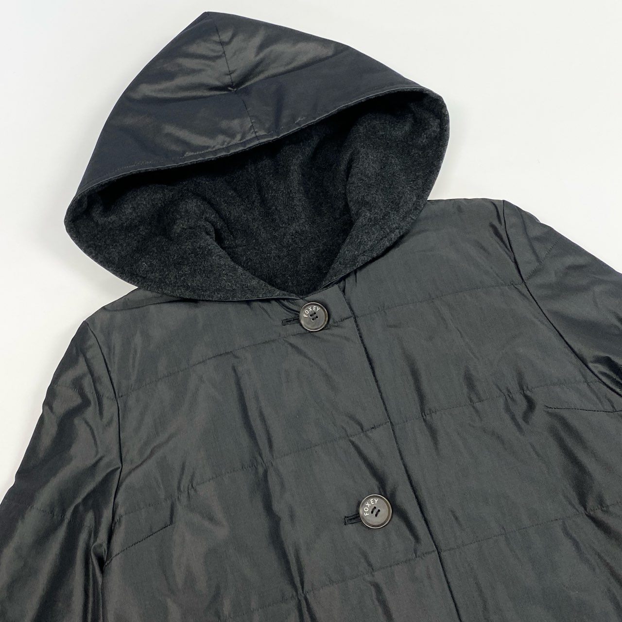 13j29 《美品》FOXEY フォクシー リバーシブルコート ロングコート フーディー アウター カシミヤ混 Fサイズ グレー レディースu02t