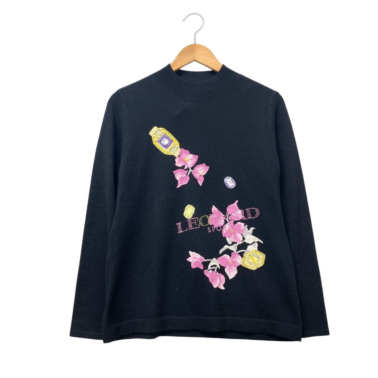 1f18 LEONARD レオナール ロングスリーブニットセーター カシミヤコットン ラインストーンロゴ 花柄刺繍 42サイズ ブラック レディース 女性用u02t