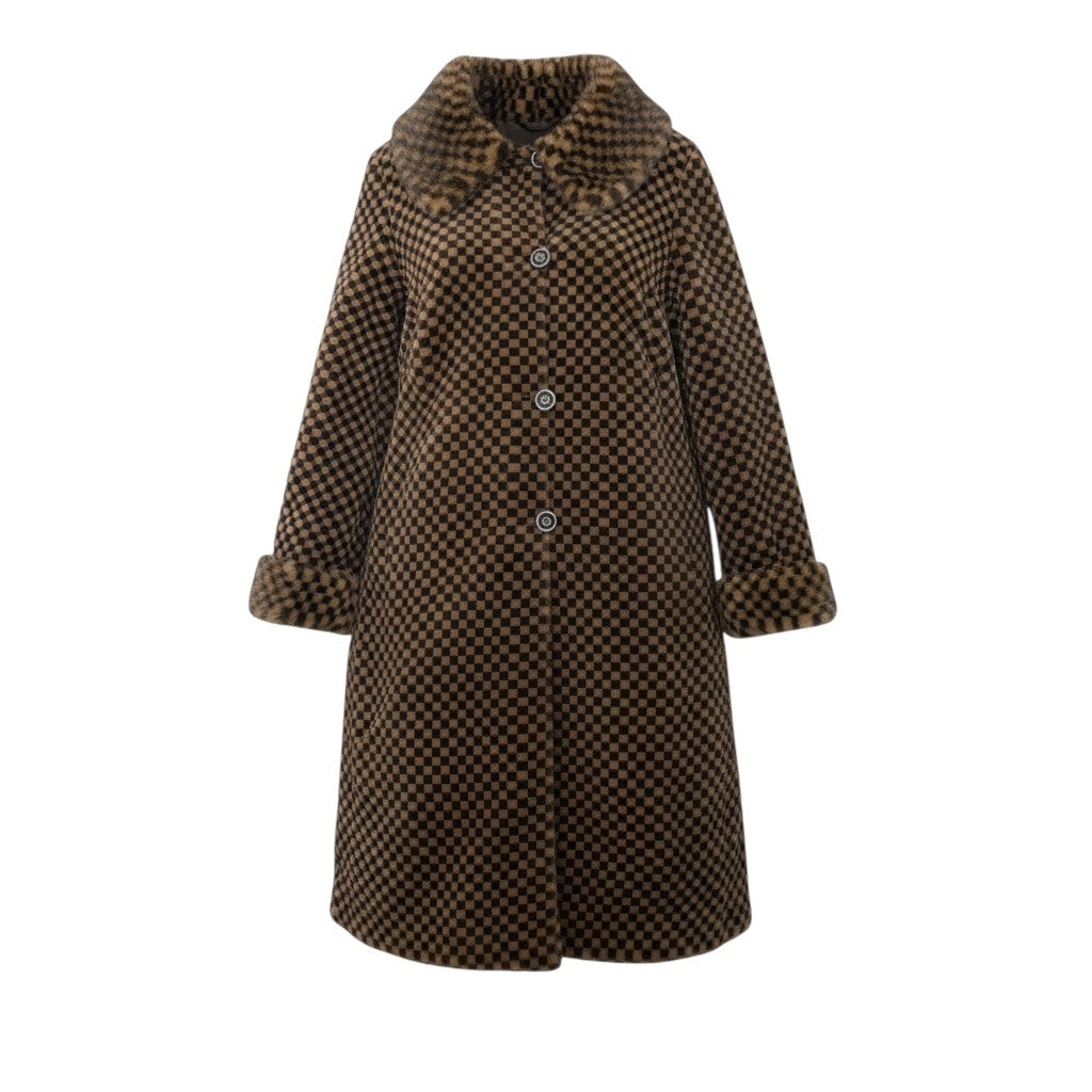 38c4 GRES グレ チェック柄 ミンクファー リバーシブル ロングコート サイズF 茶系 本毛皮 Mink Fur Reversible Long Coatt18r