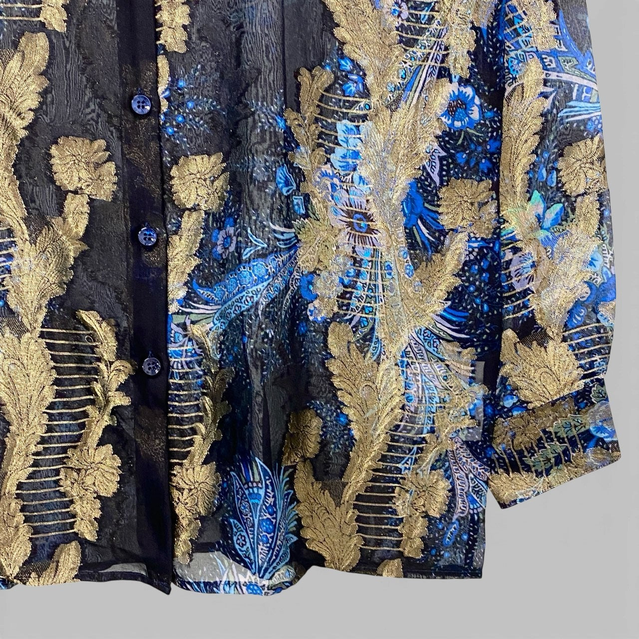 44b18 ETRO エトロ ロングスリーブ シアーシャツ 美しい花柄プリント ゴールド刺繍 シルクブレンド イタリア製 レディース 女性用 サイズ42 ネイビーu02t