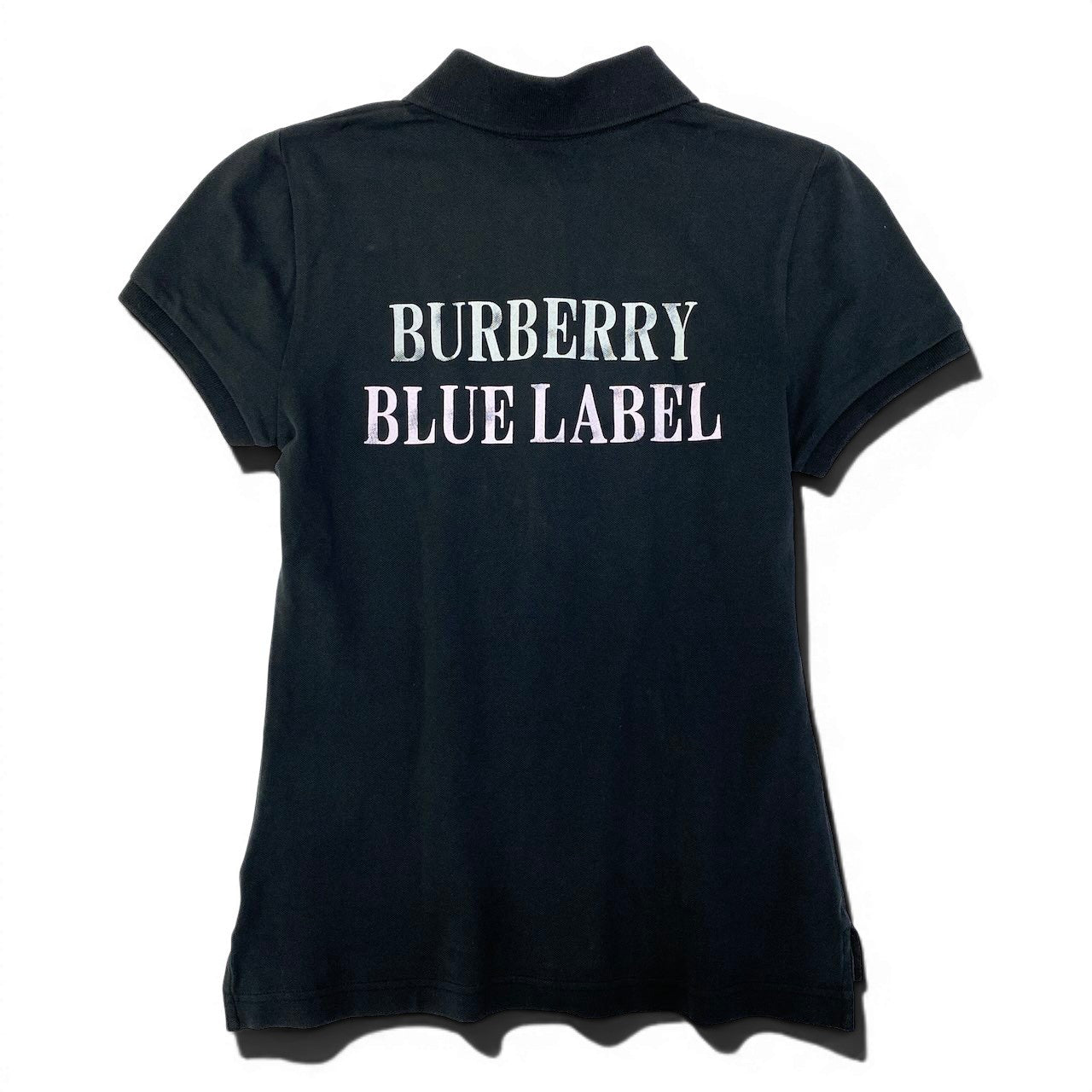 59d28 BURBERRY LONDON BLUE LABEL バーバリーロンドン ブルーレーベル 半袖ポロシャツ カットソー トップス ワンポイント刺繡 バックロゴプリント サイズ38 ブラック レディース 女性用u02t