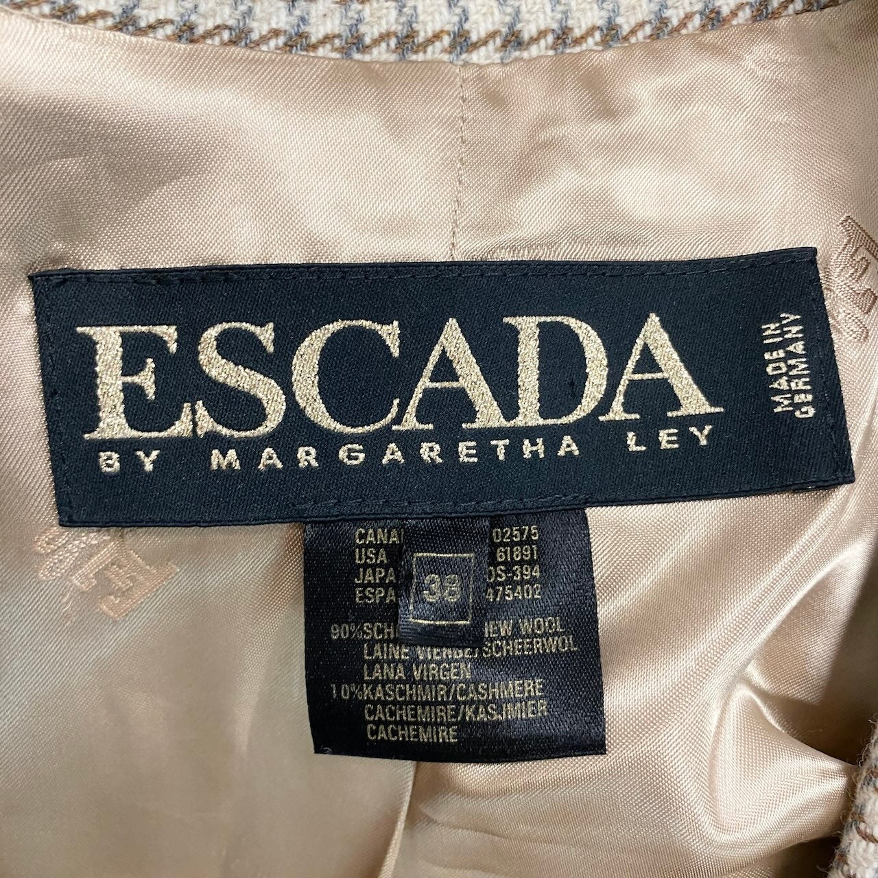 83e15【美品】ESCADA エスカーダ テーラードジャケット ウールカシミヤジャケット ブレザー 千鳥格子 38サイズ ベージュ レディース 女性用u02t