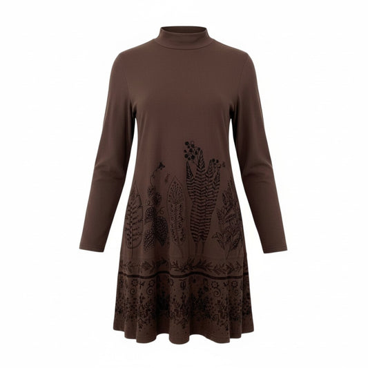 20Ⅼ2 TOKUKO 1er VOL トクコプルミエヴォル ロングスリーブワンピース チュニックワンピース モックネック ボタニカル柄 ストレッチ レディース 9 ブラウンu02t