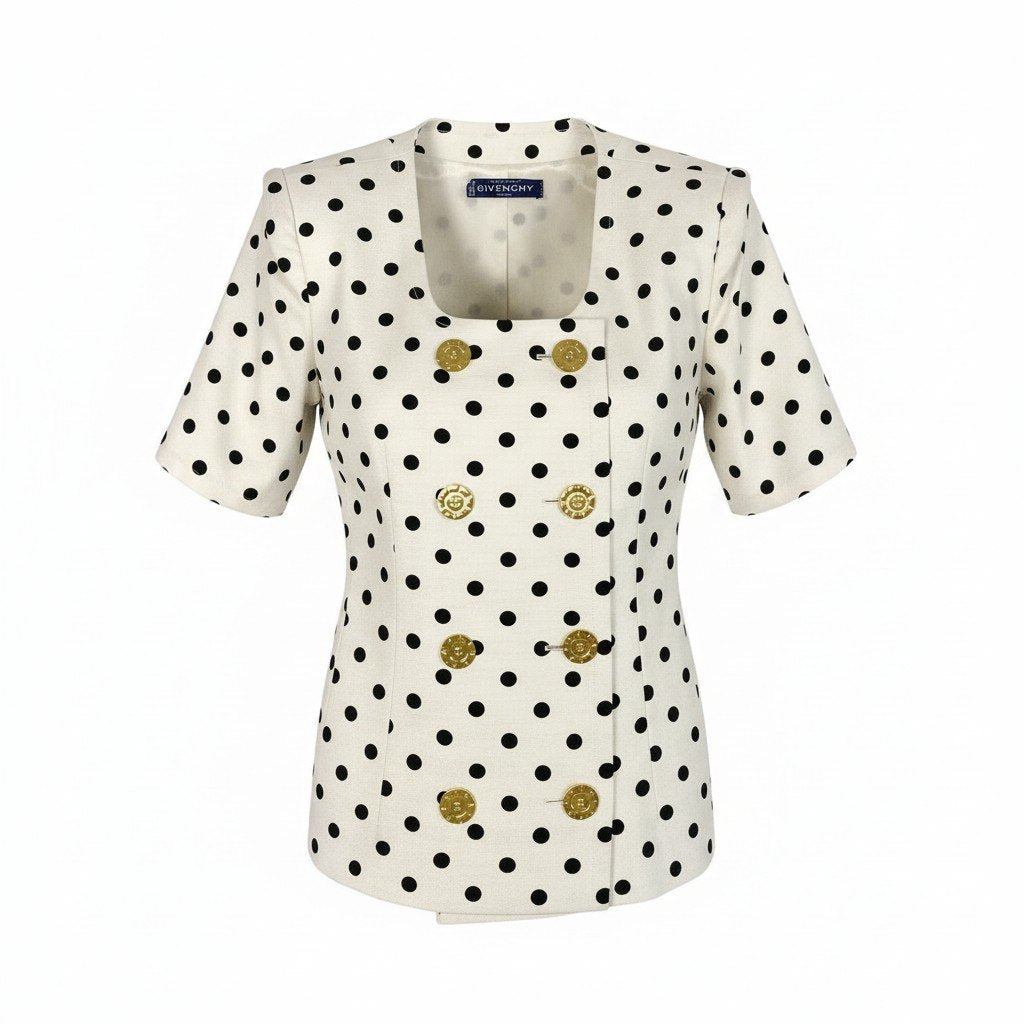 48d16 GIVENCHY ジバンシー Vintage 半袖ジャケット 金ボタン ポルカドット柄 フランス製 ホワイト ブラック レディース 女性用u02t