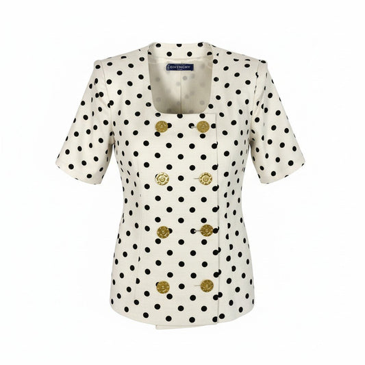 48d16 GIVENCHY ジバンシー Vintage 半袖ジャケット 金ボタン ポルカドット柄 フランス製 ホワイト ブラック レディース 女性用u02t