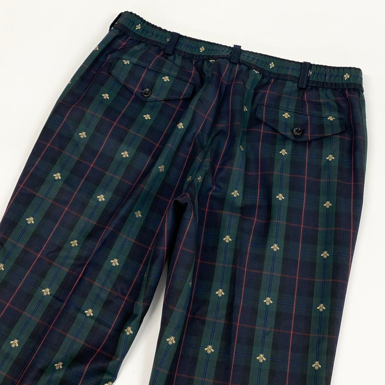 41e14 GUCCI グッチ サイドラインチェックパンツ BEE 蜂 刺繍 タータンチェック イタリア製 52サイズ グリーン系 ウール100％ メンズ 男性用u02t