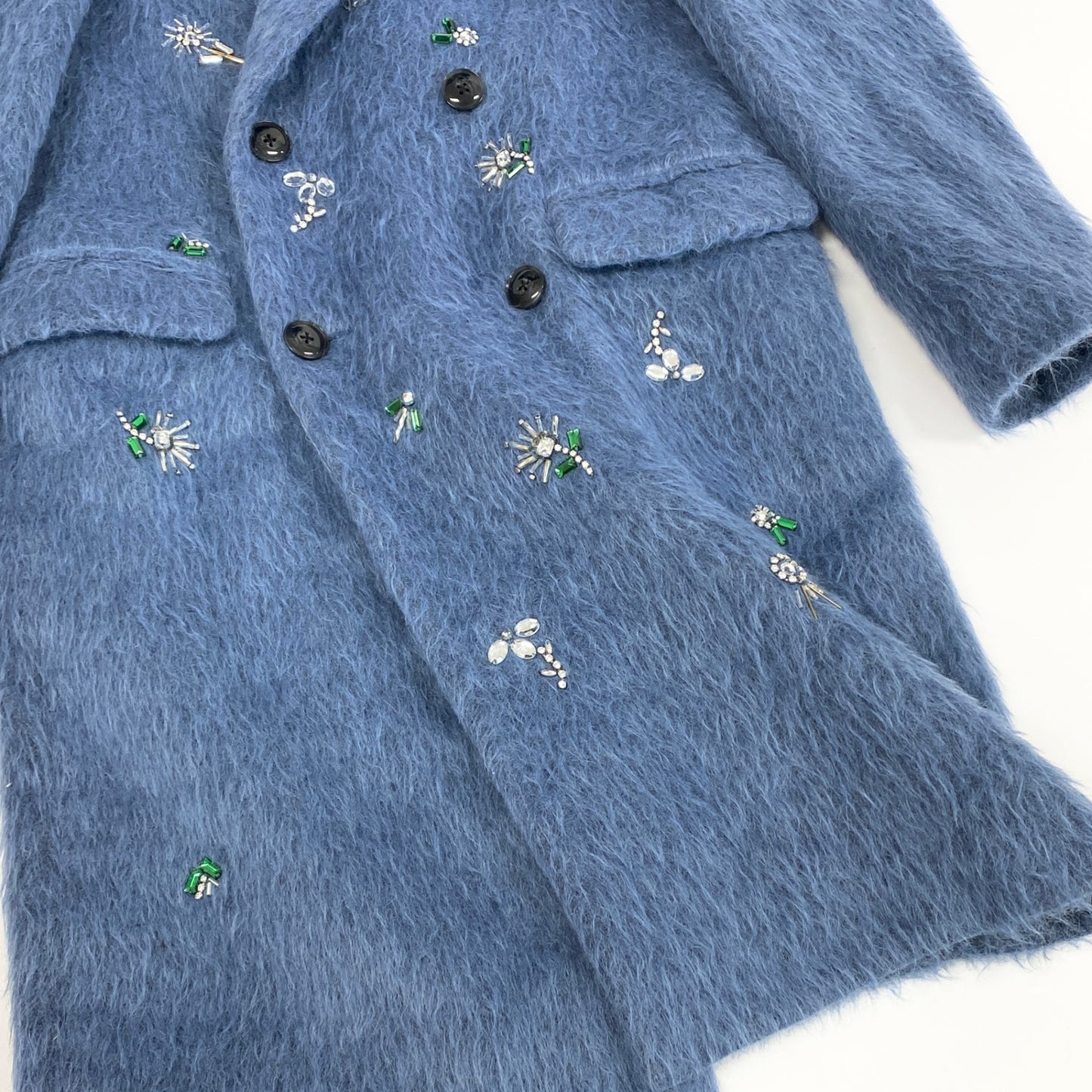 28k6【美品】MUVEIL ミュベール シャギーコート ロングコート ビジュー アウター MA43FC003 36サイズ ブルー レディースu02t