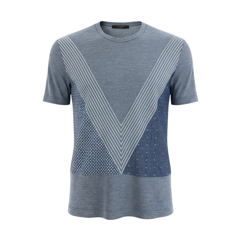 Mc18 LOUIS VUITTON ルイヴィトン パッチワーク モノグラム 半袖Tシャツ カットソー ステッチデザイン メンズ 紳士服 S ブルー系 コットン100％ta1