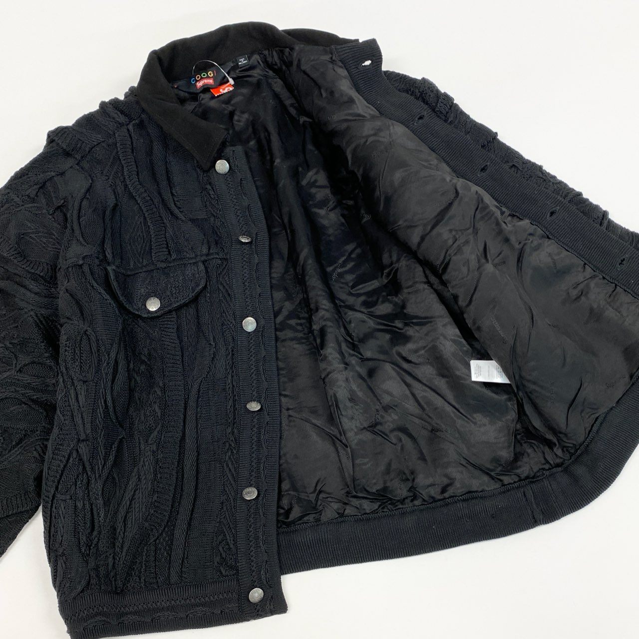 56j20 《美品》 Supreme シュプリーム × Coogi クージー 3D Knit Trucker Jacket ニットトラッカージャケット L ブラック 半タグ付き コラボアイテム ダブルネームt18r