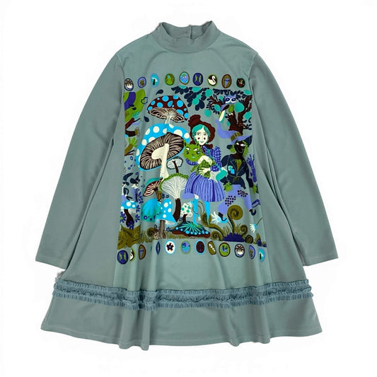 81a23 TOKUKO 1er VOL トクコプルミエヴォル 長袖ワンピース Aラインワンピース プリント ストレッチ素材 9 ライトブルー レディースu02t