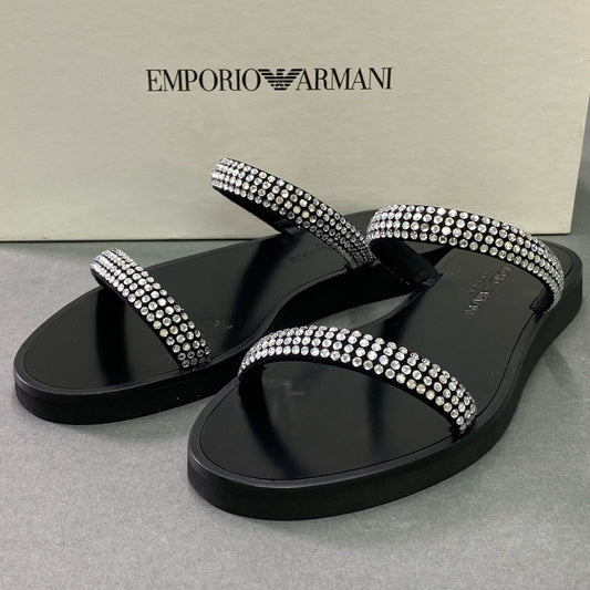 1e26 《美品》 EMPORIO ARMANI エンポリオアルマーニ ラインストーン ビーチサンダル X3P739 22..5cm ブラック ビジュー クリスタル シューズ 夏 箱付き