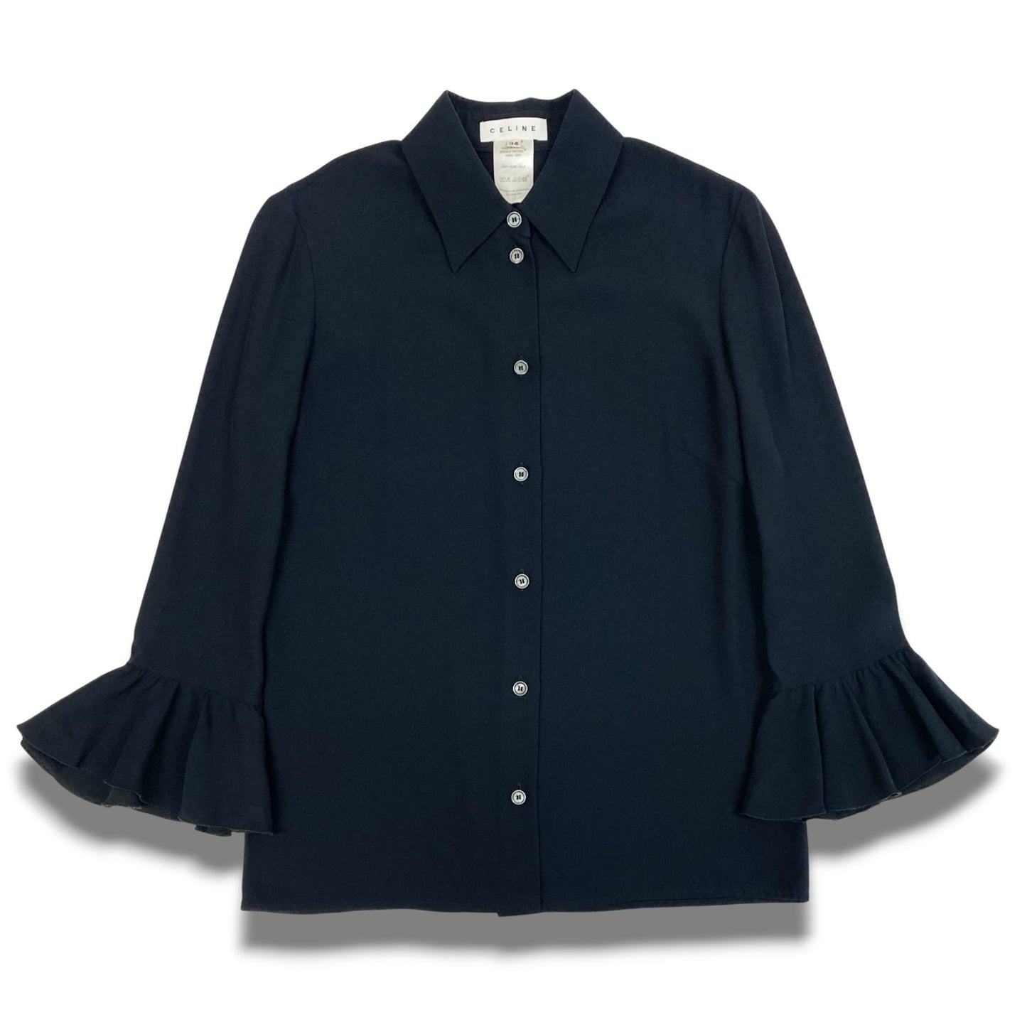 Eb23 CELINE セリーヌ フリルスリーブ ブラウス 長袖シャツ トップス 34 ネイビー シルク レディースu02t