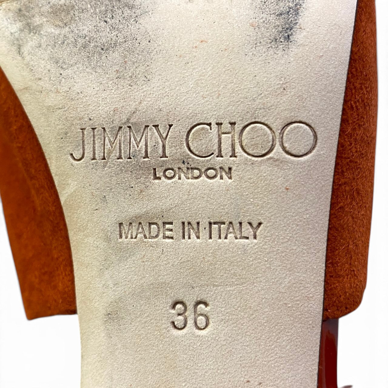 i1 JIMMY CHOO ジミーチュウ オープントゥ ストラップ ヒールサンダル サイズ36 オレンジ系 スウェードレザー レディースk02i