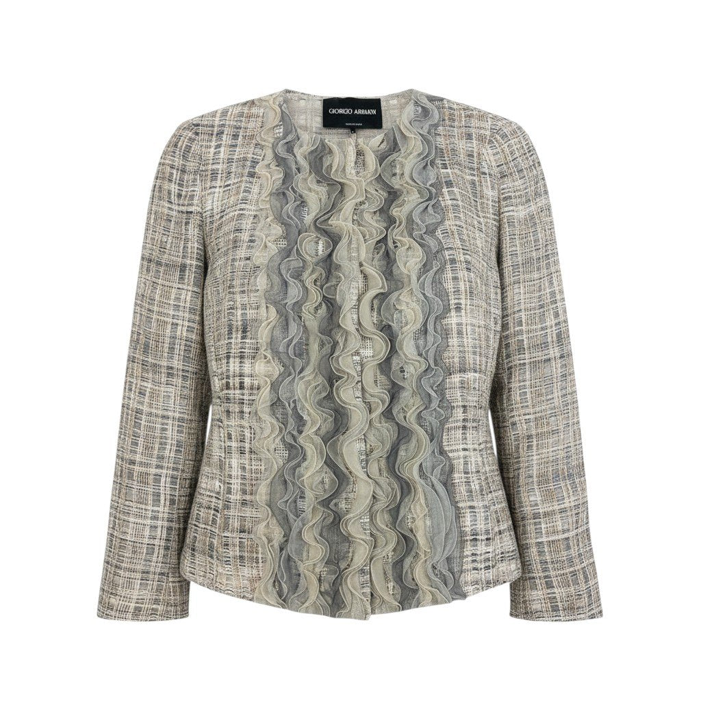 46a30 GIORGIO ARMANI ジョルジオアルマーニ ノーカラージャケット リネンツイードシルクラッフルジャケット 38サイズ マルチカラー リネン100％ シルク100％ レディースo07t