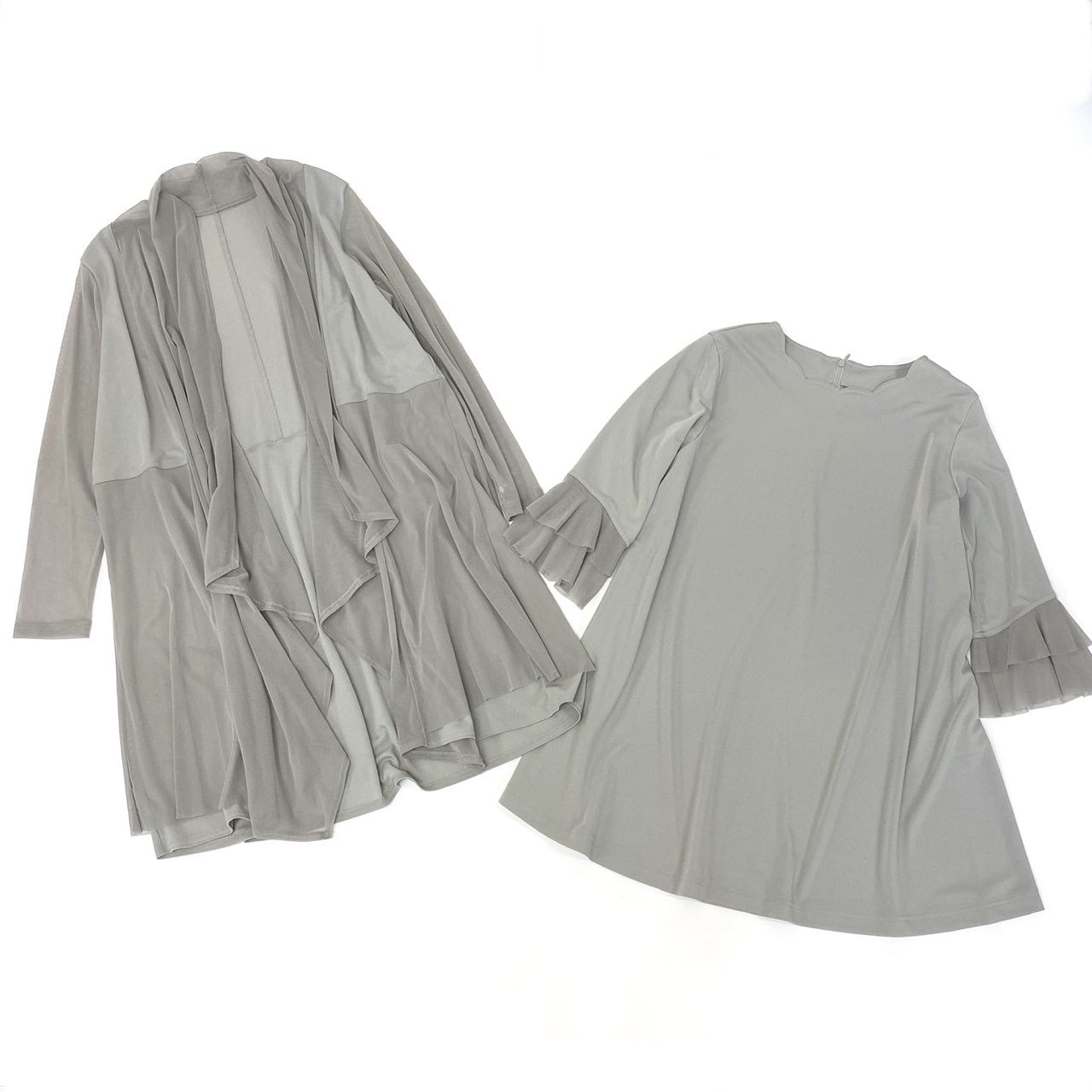 83Ⅼ2 TOKUKO 1er VOL トクコプルミエヴォル アンサンブル 7分袖ワンピース フリルスリーブ シアーカーディガン メッシュ 異素材切替 レディース 9 グレーu02t