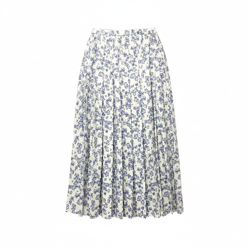 75c13 ROCHAS ロシャス ペイントフラワー 花柄 ロングスカート フレアスカート 40 アイボリー ブルー コットン イタリア製u02t