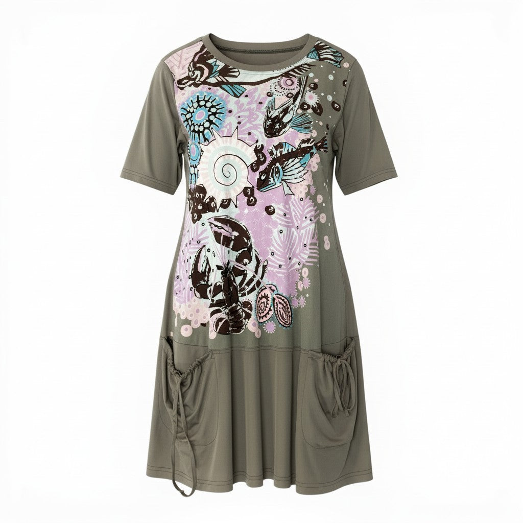 38c2 TOKUKO 1er VOL トクコプルミエヴォル 五分袖ワンピース 膝丈ワンピース 魚柄プリント ストレッチ レディース 女性服 サイズ9 ベージュu02t