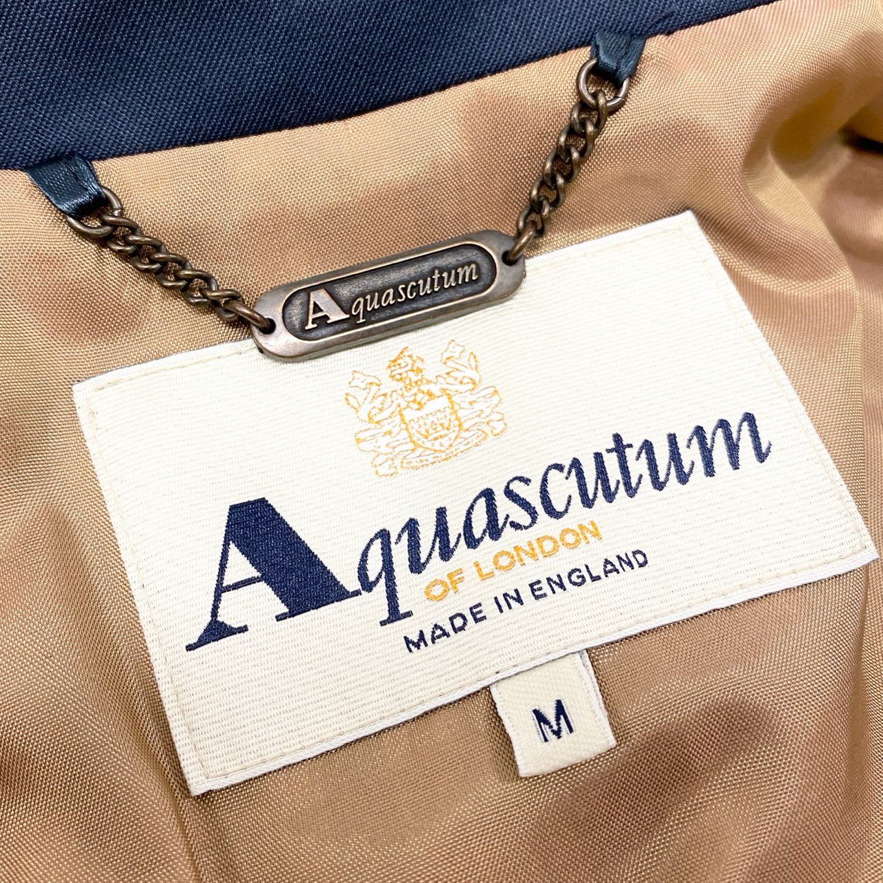 51Ⅼ2《美品》 Aquascutum OF LONDON アクアスキュータム 英国製 ステンカラーコート 切替チェック柄 比翼ボタン レディース 女性用 M ネイビー コットン100％u02t