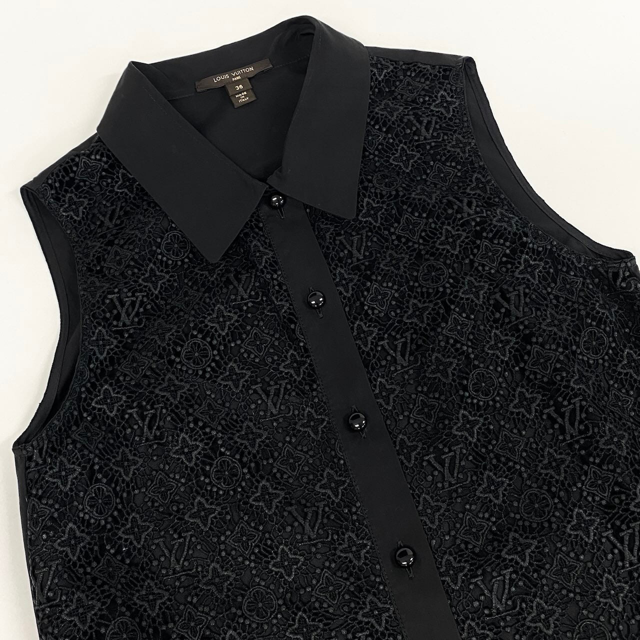 c31 《美品》 LOUIS VUITTON ルイヴィトン モノグラムレース シャツワンピース Monogram Lace Shirt Dress サイズ36 ブラックt18r