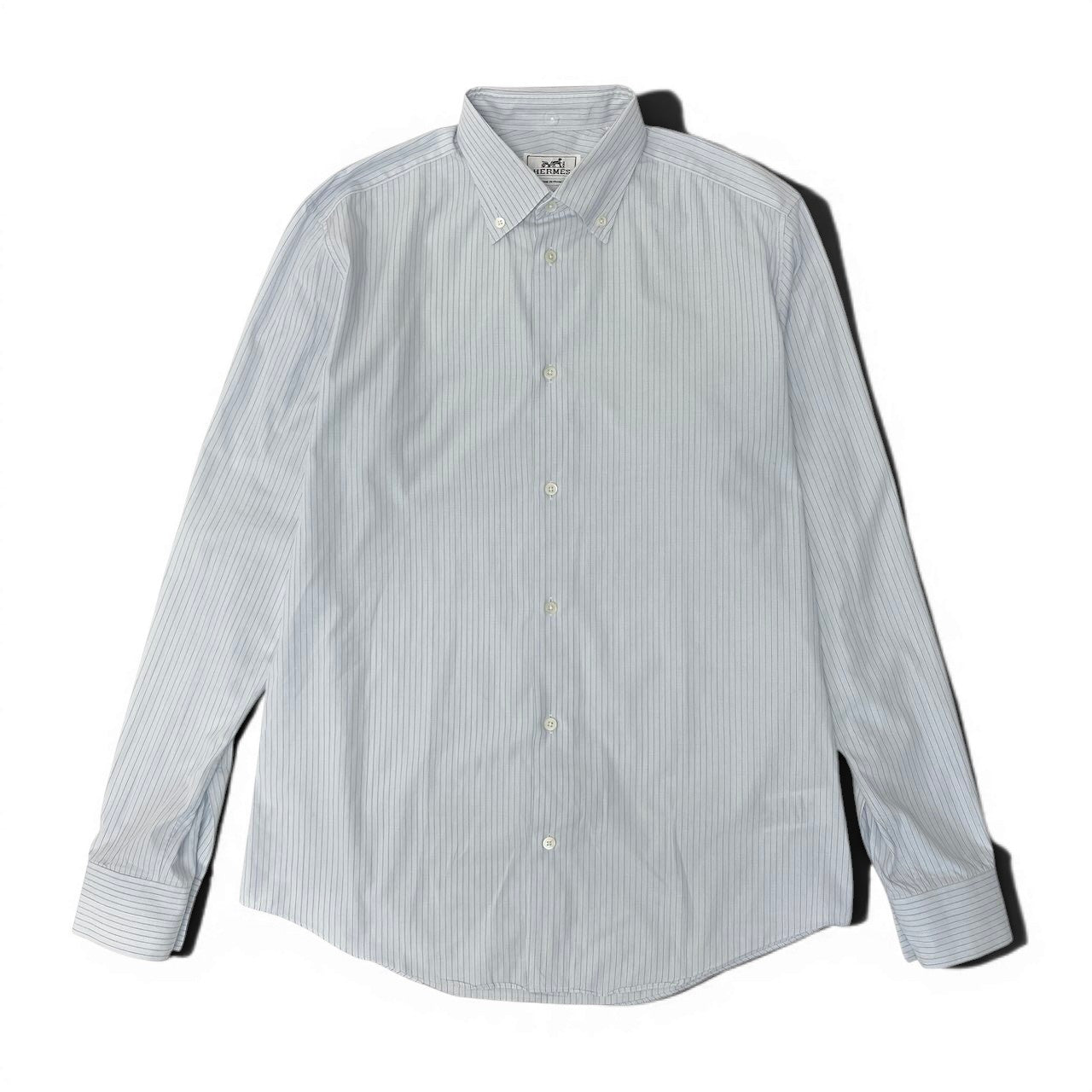 60e1 Hermès エルメス ロングスリーブシャツ ストライプシャツ 薄手 フランス製  40-15 3/4 ブルー ホワイト コットン100％ メンズ 紳士服u02t
