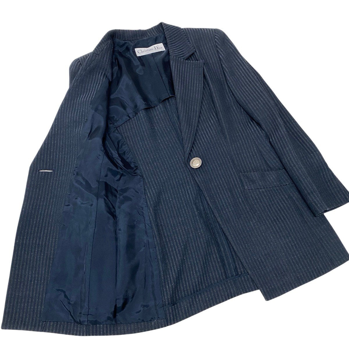 Eh10 Christian Dior クリスチャンディオール テーラードジャケット ロゴボタン ストライプ柄 ネイビー レディースo07t