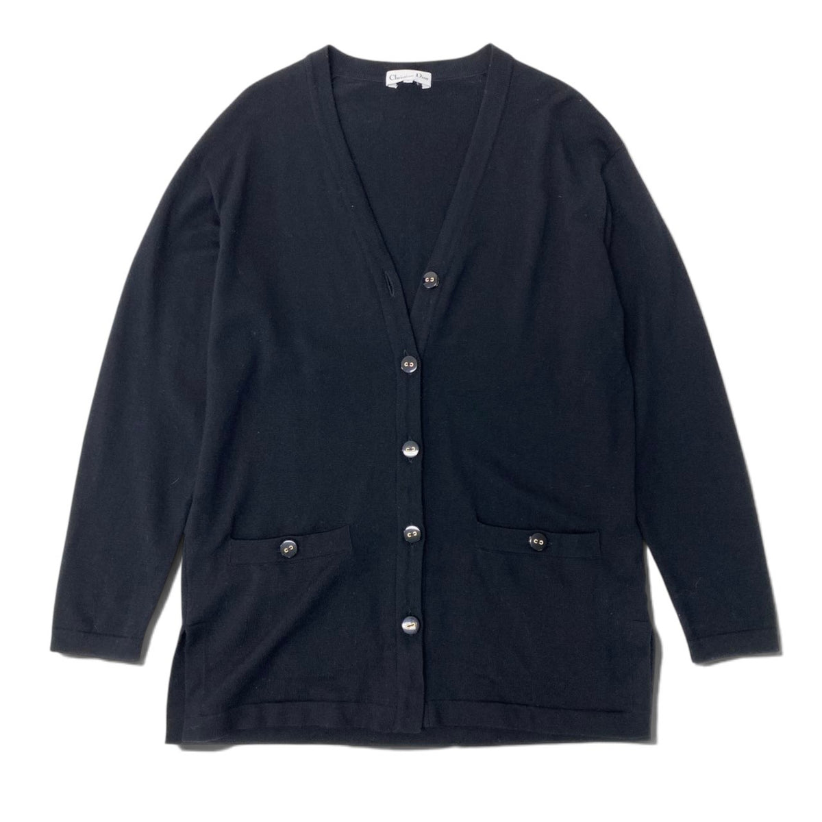 89i15 Christian Dior クリスチャンディオール ロングスリーブ ニットカーディガン チュニック丈 ロゴボタン サイズL ブラック ウール100％ レディースo07t