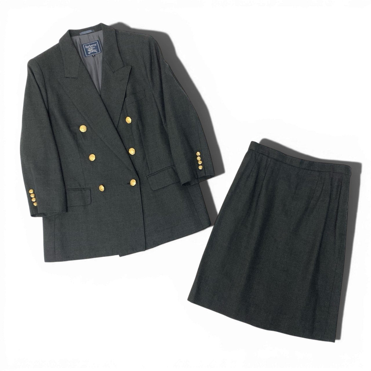 83b23【美品】Burberrys バーバリーズ スカートセットアップ テーラードジャケット タイトスカート 金ボタン 13サイズ グレー ウール100％ レディース 女性用u02t