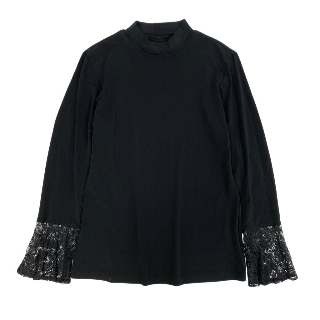 83L22 【美品】TOKUKO 1er VOL トクコプルミエヴォル 長袖カットソー ハイネックカットソー 袖口レースデザイン ストレッチ素材 9サイズ ブラック レディースu02t