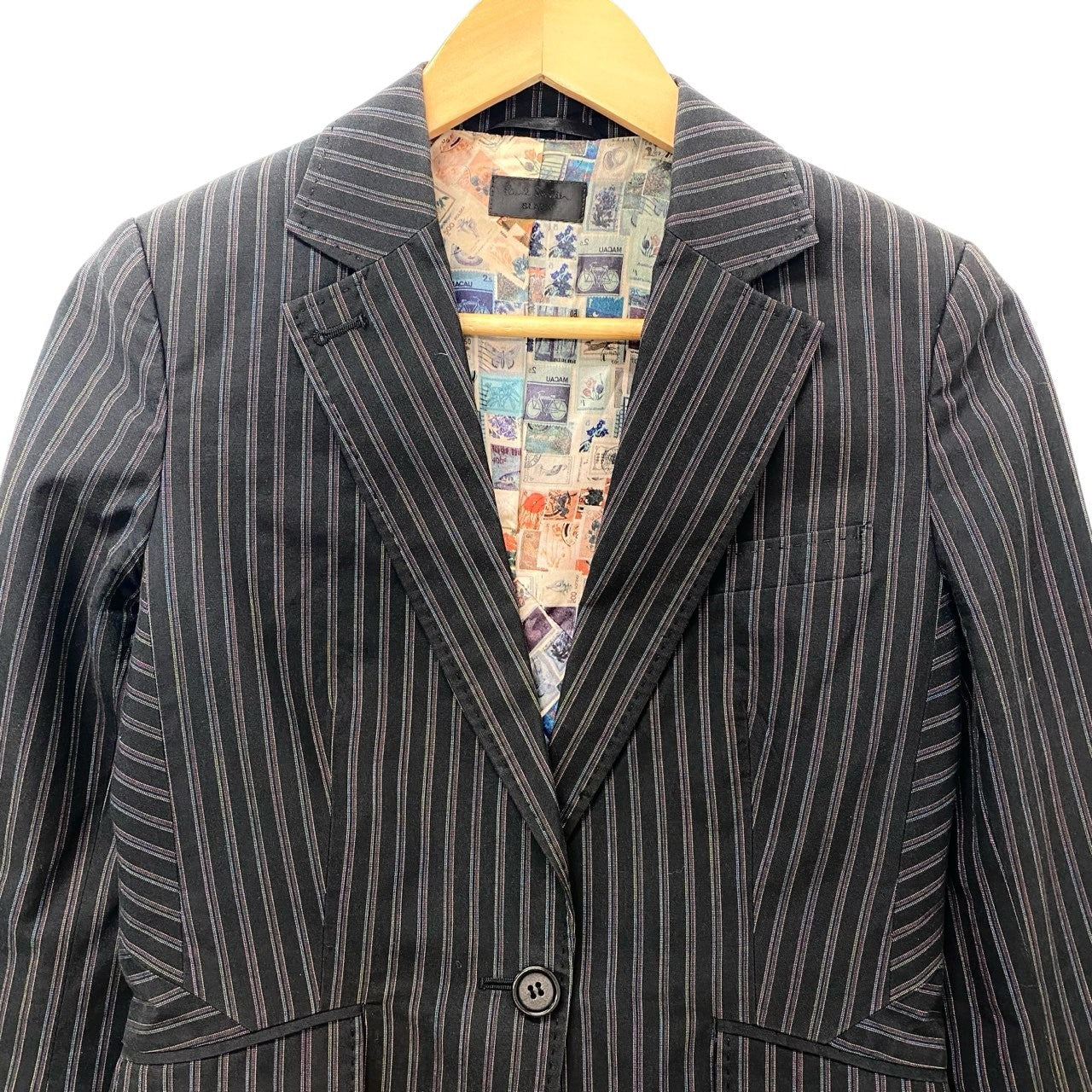 75c13 Paul Smith BLACK ポールスミス ブラック スカートスーツ セットアップ 裏地総柄 40/38 ブラック ストライプ レディースu02t