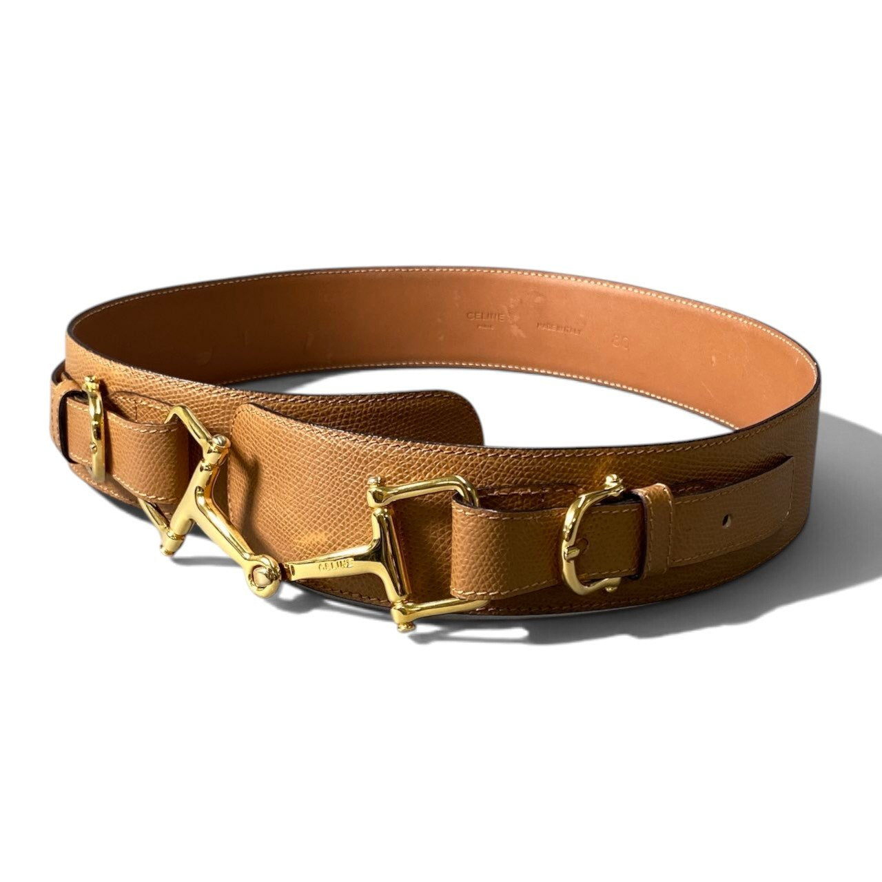 h12 CELINE セリーヌ ホースビット ゴールド金具 レザーベルト 80 ライトブラウン レザーu02t