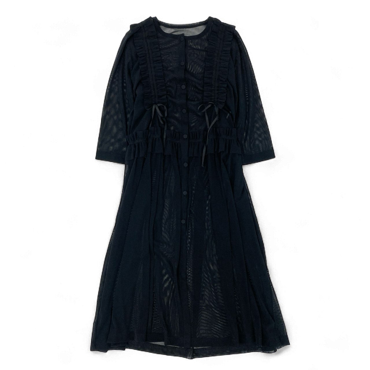 67k20《美品》 TOKUKO 1er VOL トクコプルミエヴォル シアー ロングワンピース 7分袖 フリル装飾 レディース 女性用 9 ブラックu02t