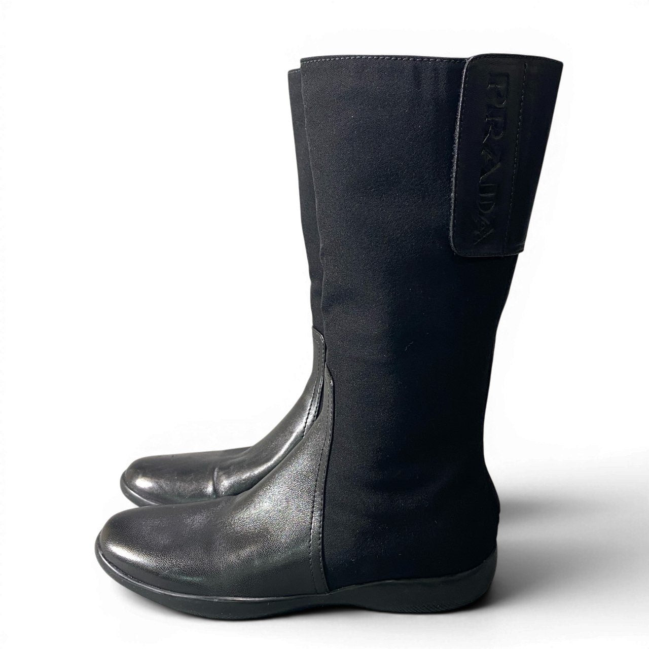 1d23 PRADA SPORT プラダスポーツ ロングブーツ バックジップ ブランドロゴ 35 1/2 ブラック ナイロン レザー レディース 女性靴k02i