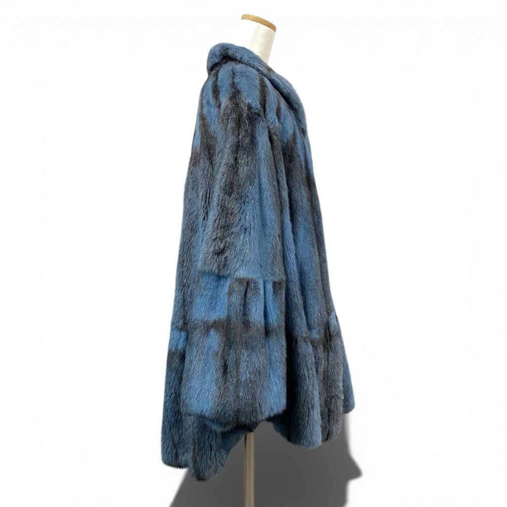 29l27《超希少》 染め クロスミンク ポンチョ型 ロングコート サイズF ブルー ブラック 最高級本毛皮 MINK FUR 毛並み◎t18r