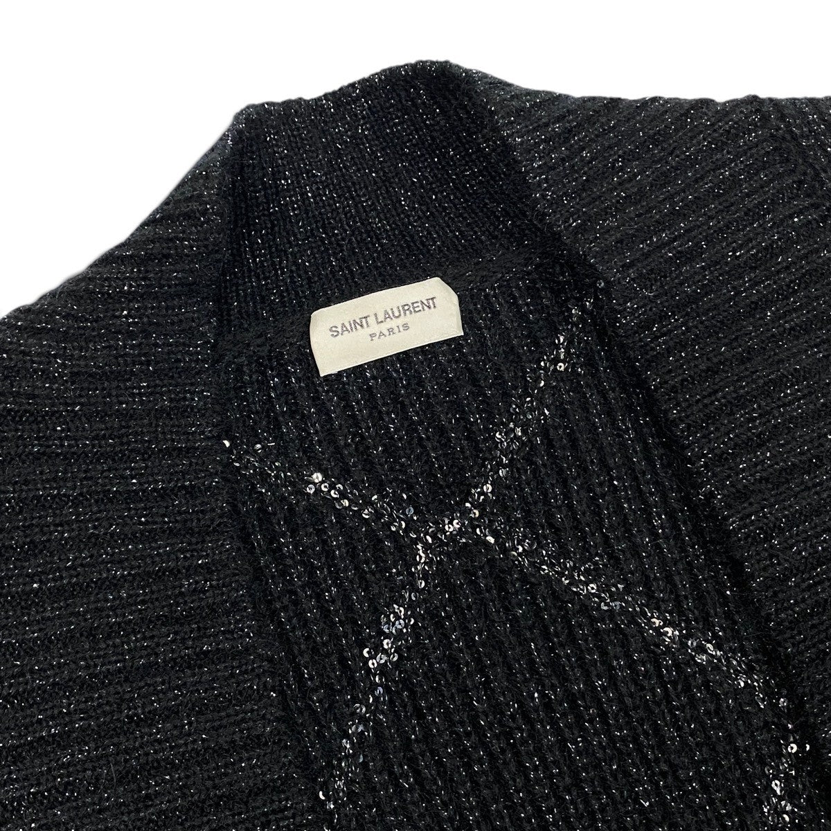 Ei4 【美品】 SAINT LAURENT サンローラン 2022FW スパンコール アーガイル ロングカーディガン サイズM ブラック レディースk02i