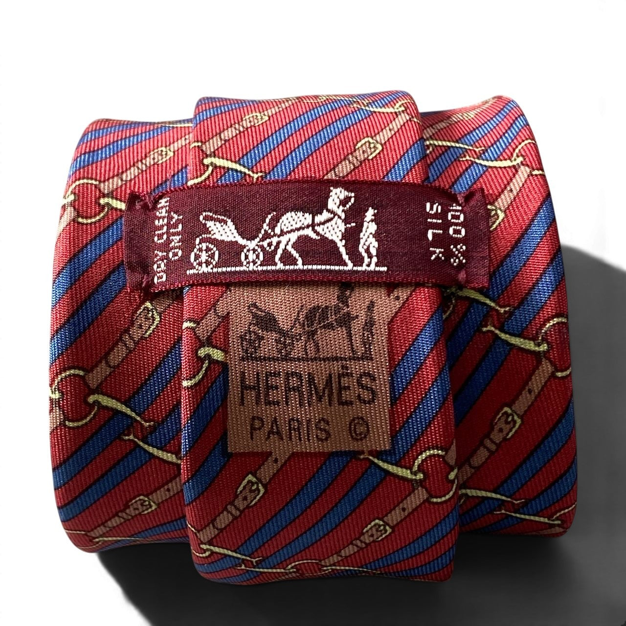 g18④ HERMES エルメス ネクタイ チェーン柄 フランス製 レッド系 シルク100％ メンズ 男性用u02t