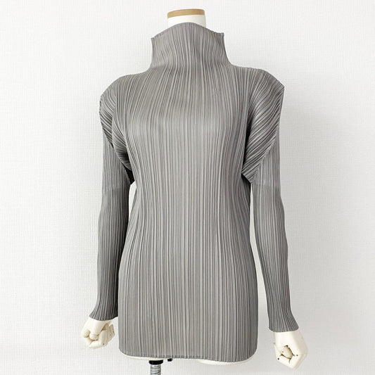 5d11-2 《美品》 PLEATS PLEASE ISSEY MIYAKE プリーツプリーズ イッセイミヤケ 日本製 PP04-JK604 ハイネック 長袖プリーツカットソー ロングスリーブ トップス チュニック 3 グレー MADE IN JAPAN