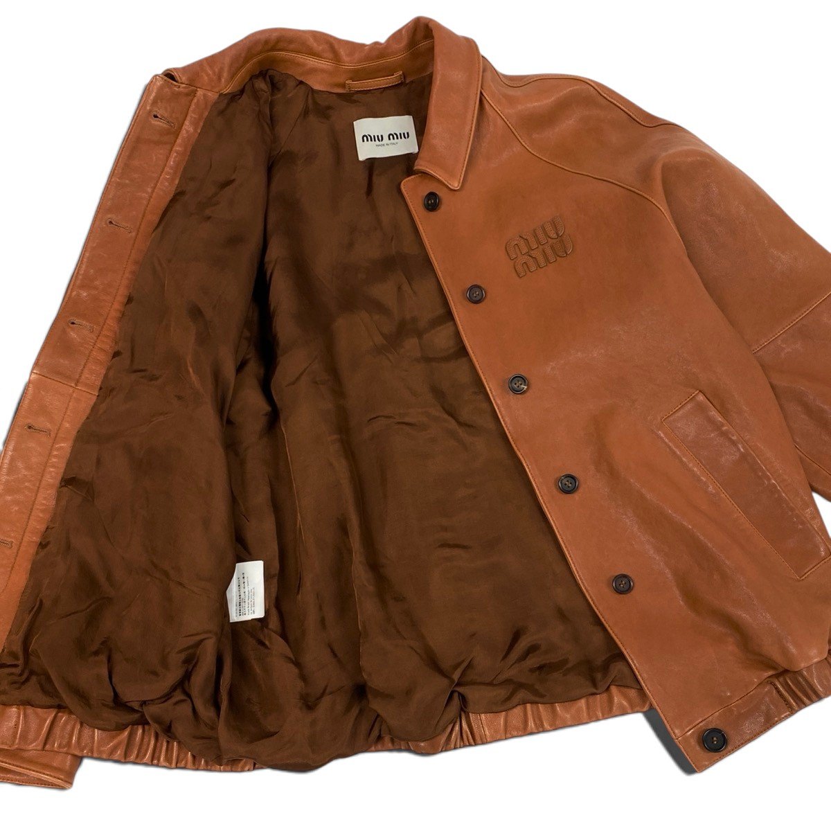 i8 《美品》 miu miu ミュウミュウ 23AW ロゴパッチ ナッパレザージャケット Logo Patch Nappa Leather Jacket MPV895 40 キャメルブラウン レザーt18r